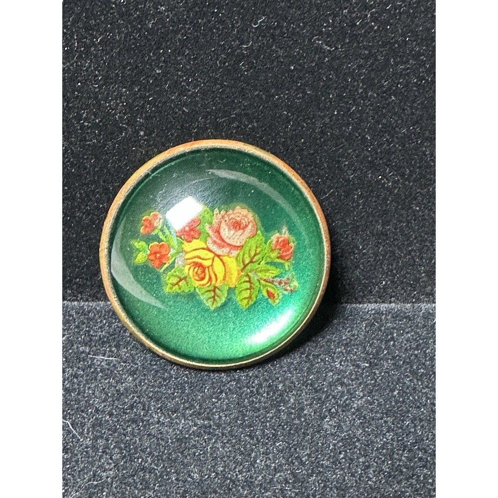 Vintage Hand Painted Floral Glass Brooch Green Domed Rose Pin MCM Antique - Picture 4 of 12